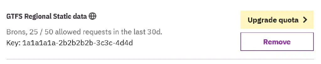 Screenshot of an api key with an upgrade link